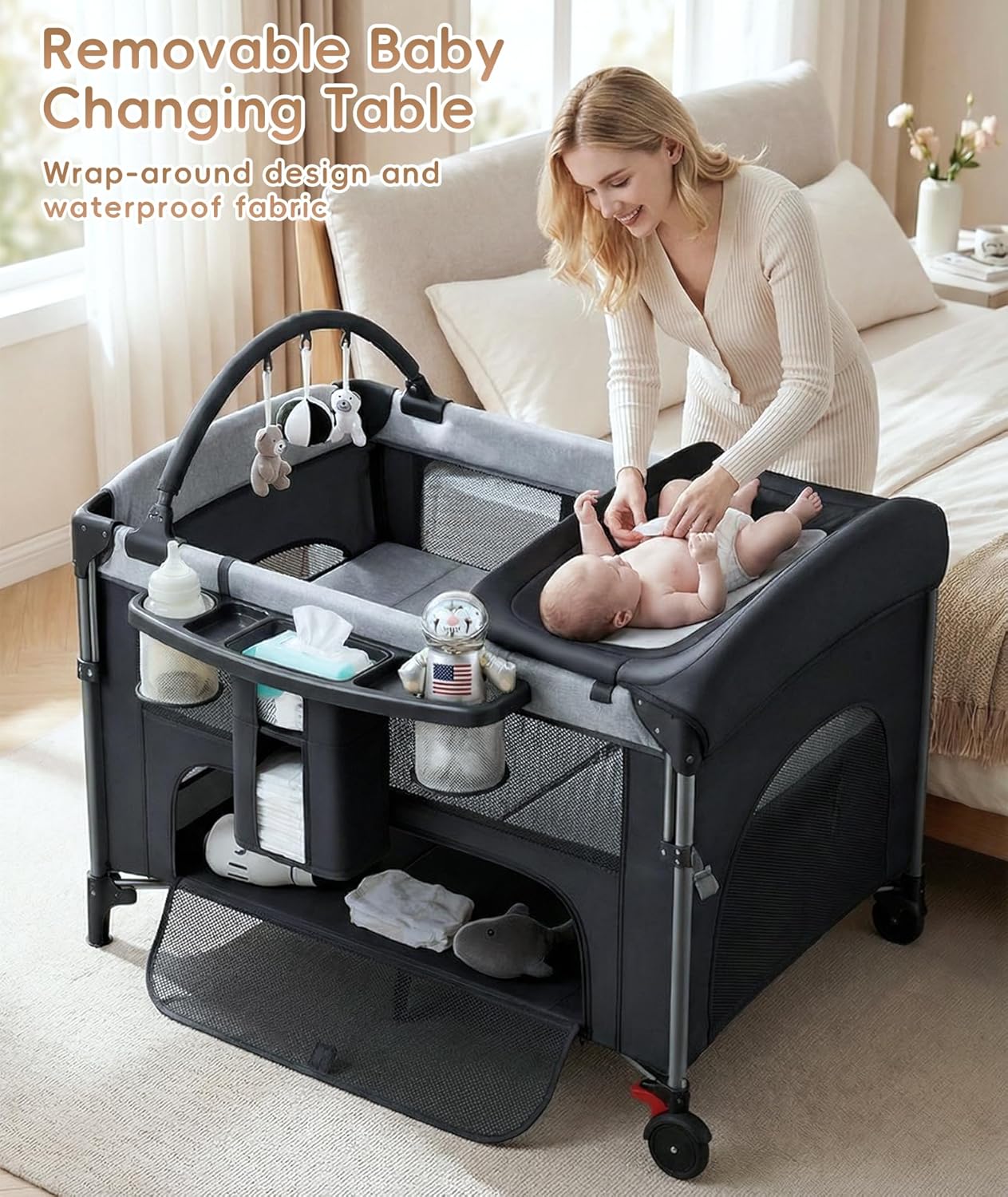 4 in 1 Baby Bassinet Bedside Crib with One-Hand Setup & Waterproof Mattress – ASTM-Certified Pack and Play, Portable Foldable Playard with Diaper Changer for Newborn to Toddler(Black)