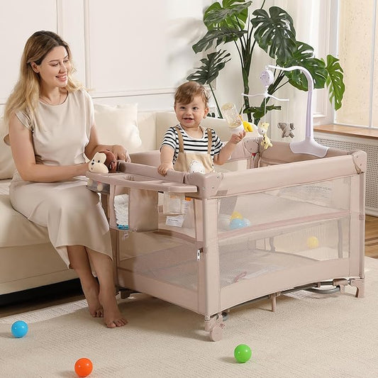 4 in 1 Pack and Play, Portable Travel Baby Bassinet, Foldable Travel Playard Playpen for Toddler, Bedside Crib Sleeper, Diaper Changer Table, Baby Playard for Newborn (Champagne)