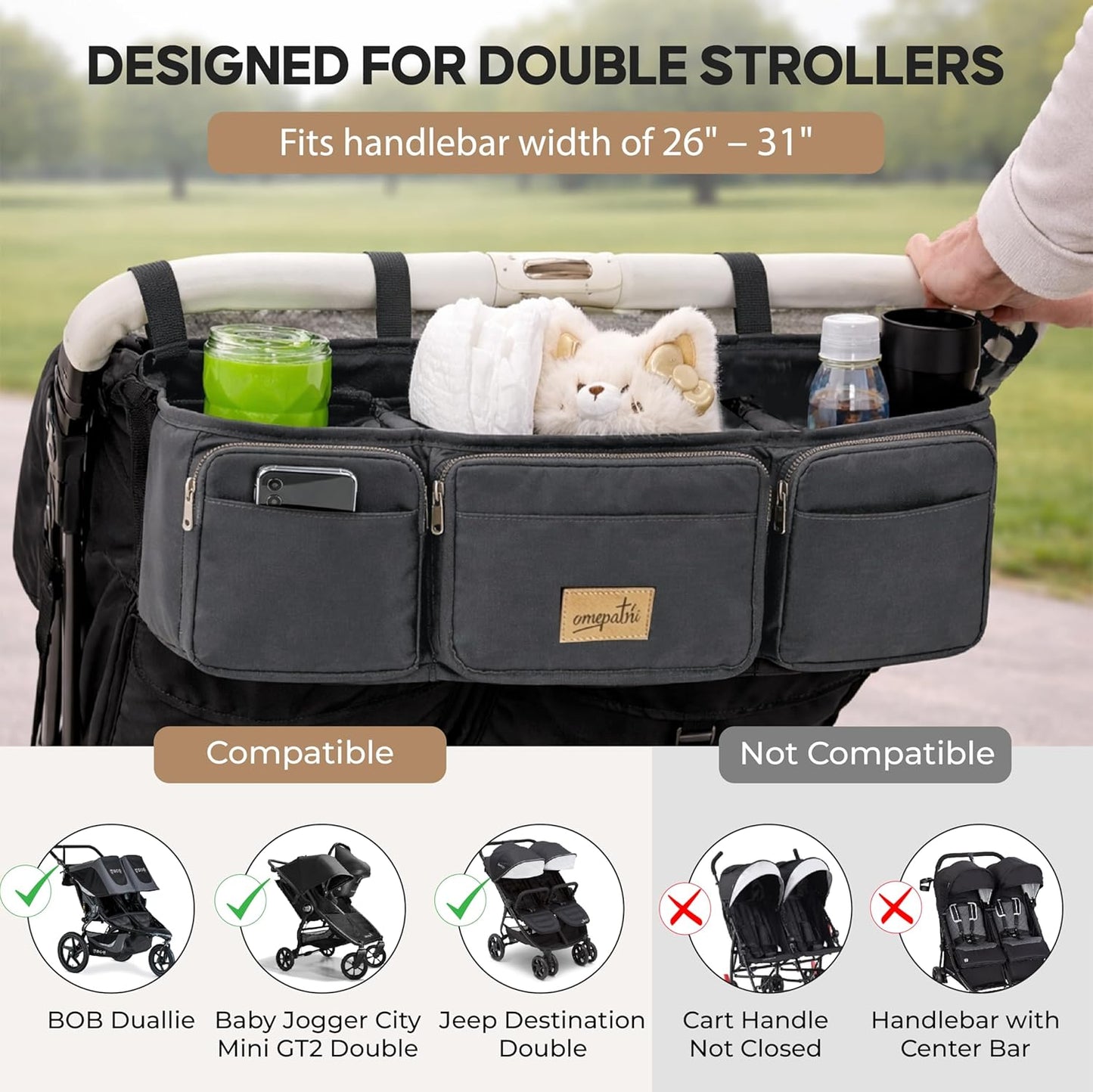Double Stroller Organizer, Double Stroller Caddy Compatible with Bob Duallie, Baby Jogger City Mini GT2, Jeep - Universal Stroller Accessories with Cup Holders