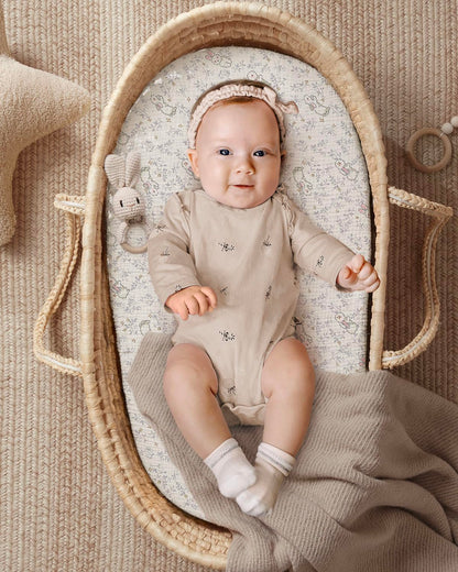 Blissful Diary Muslin Bassinet Sheets for Baby Girls Boys, Boho Soft Cotton Fitted for Oval Hourglass Rectangle Mattress, 2 Pack(Sunshine&Brown)