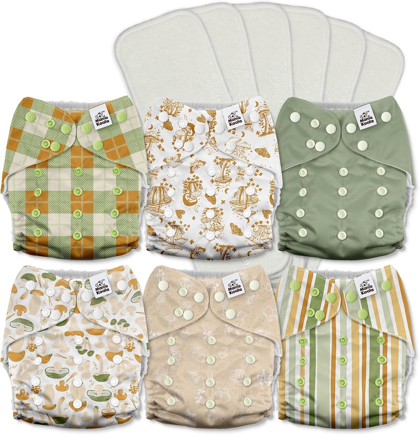 Mama Koala 3.0 Pocket Cloth Diapers for Babies with AWJ Lining, 6 Pack with 6 4-Layer Natural Cloth Diaper Inserts - Reusable and Washable Pocket Diapers(Hardworking Bees) - Colors A