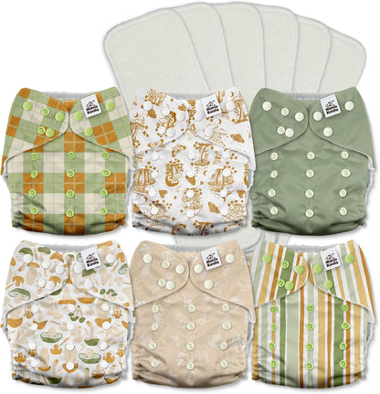 Mama Koala 3.0 Pocket Cloth Diapers for Babies with AWJ Lining, 6 Pack with 6 4-Layer Natural Cloth Diaper Inserts - Reusable and Washable Pocket Diapers(Hardworking Bees) - Colors A
