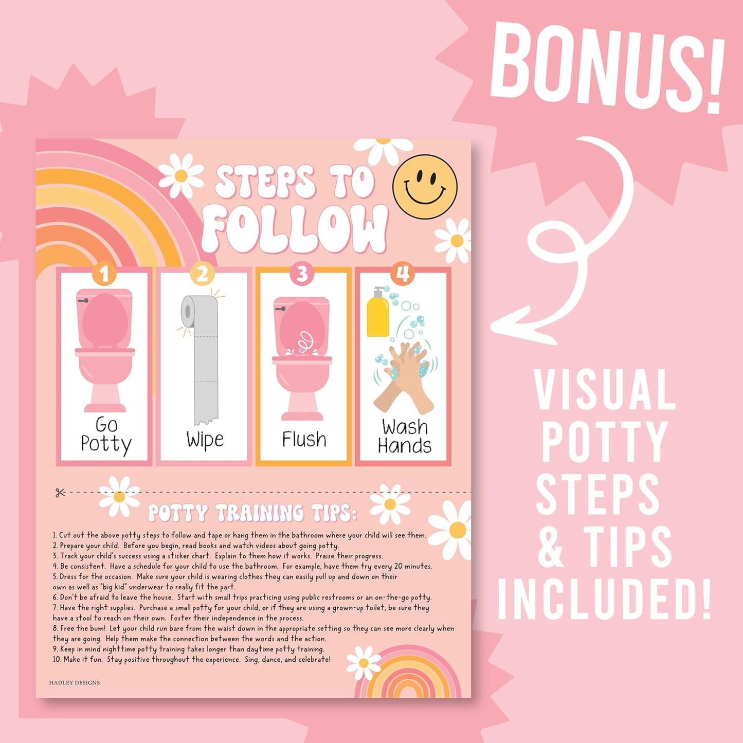 Hadley Designs Potty Training Chart for Toddlers Girls -10 Sticker Potty Chart for Toddlers Girls, 8.5x11" Potty Training Sticker Charts for Toilet Success, Unicorn Toddler Reward Chart for Kids