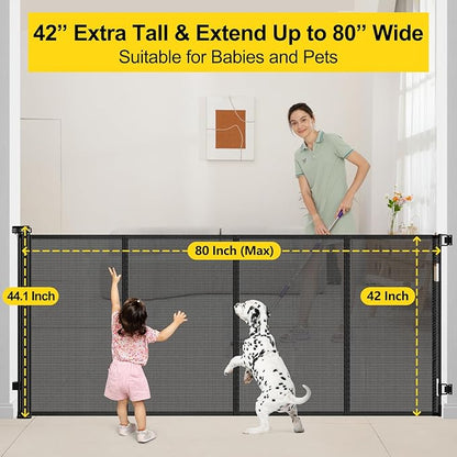 Reinforced 42” Extra Tall x 80” Wide Retractable Baby Gates with Rods to Prevent Crawling Through, Extra Tall Pet Gate for Large Openings Indoor Long Mesh Dog Gate for Stairs and Doorways, Black
