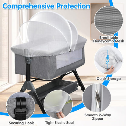 Bassinet Mosquito Net Cover - Half-Blackout Mosquito Net for Baby Crib & Bedside Sleeper, Breathable Crib net with 2-Way Zipper, Sun-Blocking Baby Mosquito Net Cover (Gray-Small)