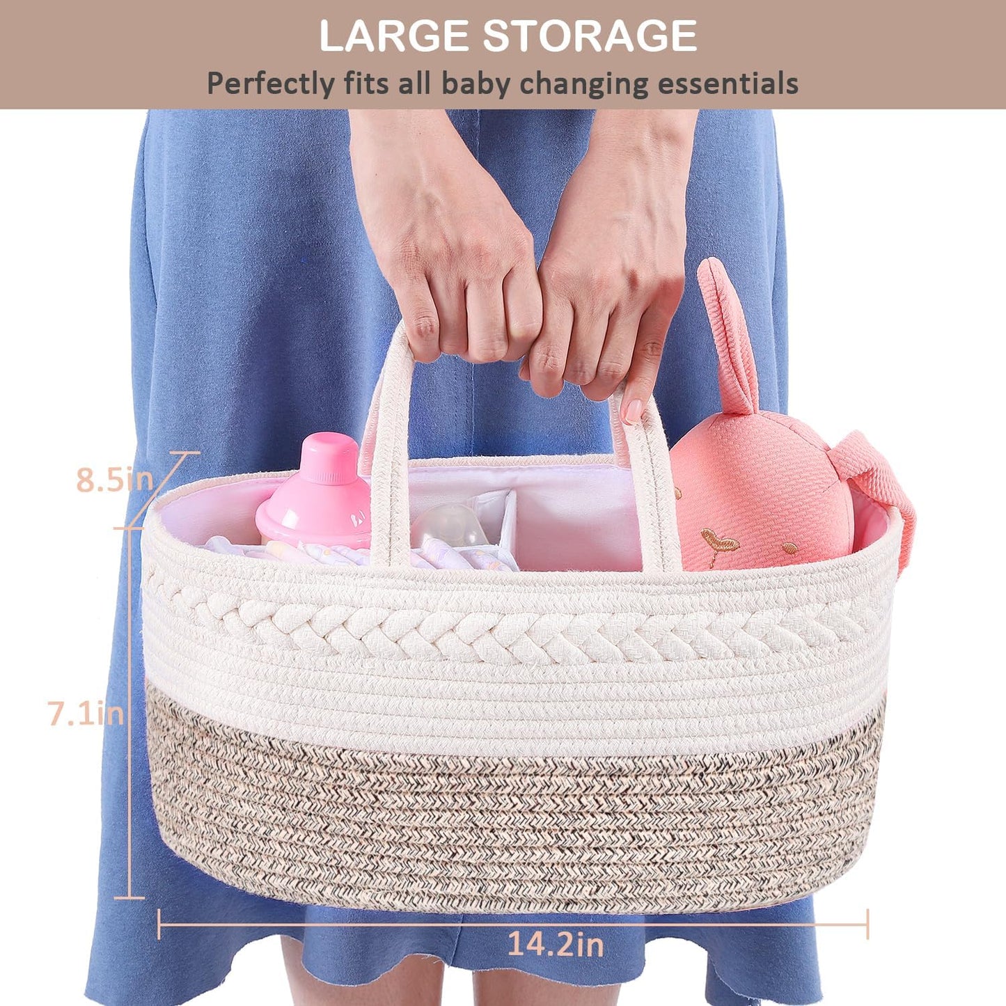 ABenkle Baby Diaper Caddy, Nursery Storage Bin and Car Organizer for Diapers and Baby Wipes, Cotton Rope Diaper Basket Caddy, Changing Table Diaper Storage Caddy