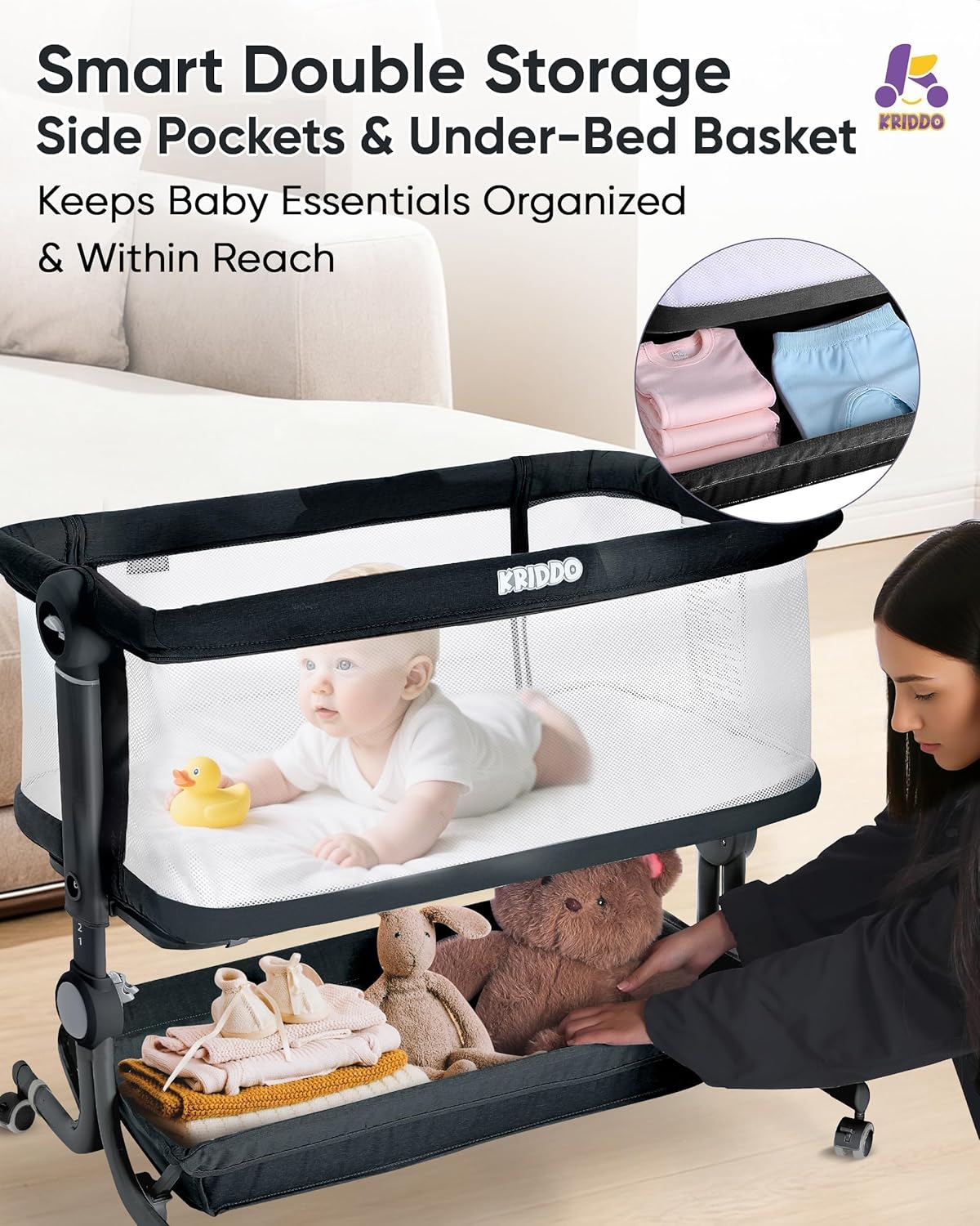 KRIDDO 2-in-1 Baby Bassinet for Infant, Bedside Bassinet with All-around Breathable Mesh, Lockable Wheels, Adjustable Height and Incline, Bedside Sleeper for Baby with Large Storage Basket, Light Grey