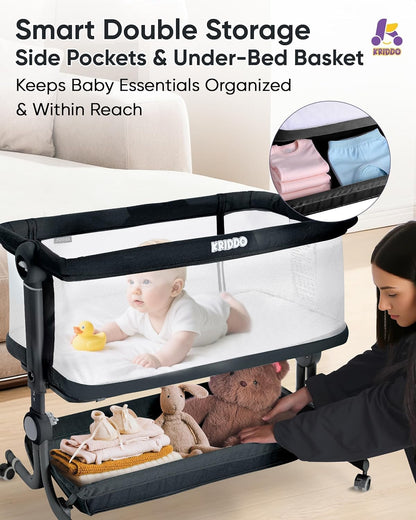 KRIDDO 2-in-1 Baby Bassinet for Infant, Bedside Bassinet with All-around Breathable Mesh, Lockable Wheels, Adjustable Height and Incline, Bedside Sleeper for Baby with Large Storage Basket, Light Grey