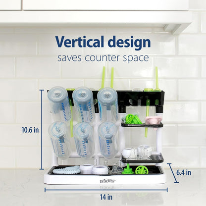 Dr. Brown's Baby Bottle Drying Tower, Stand-Up Countertop Drying Rack with Organized Storage for Baby Essentials, Space Saving Vertical Rack, Gray/White