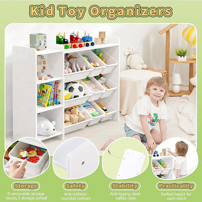 MallBest 4-Tier Kids' Toy Storage Organizer Shelf - 100% Solid Wood,Children's Storage Cabinet with 9 Plastic Bins and 3 Storage Ports(White-Single Color)