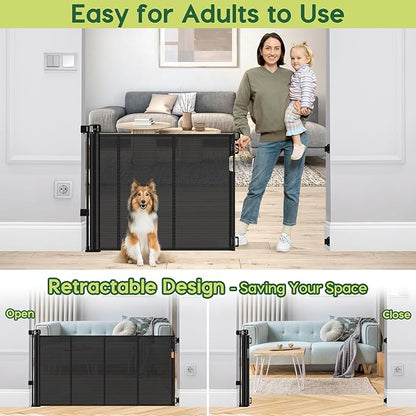 Reinforced 55" Wide Retractable Baby Gates with Reinforced Strips, Indoor/Outdoor Retractable Dog Gate for Doorway Prevent Bottom Drilling Through, No Bottom Bar Safety Mesh Baby Gate for Stair, Black