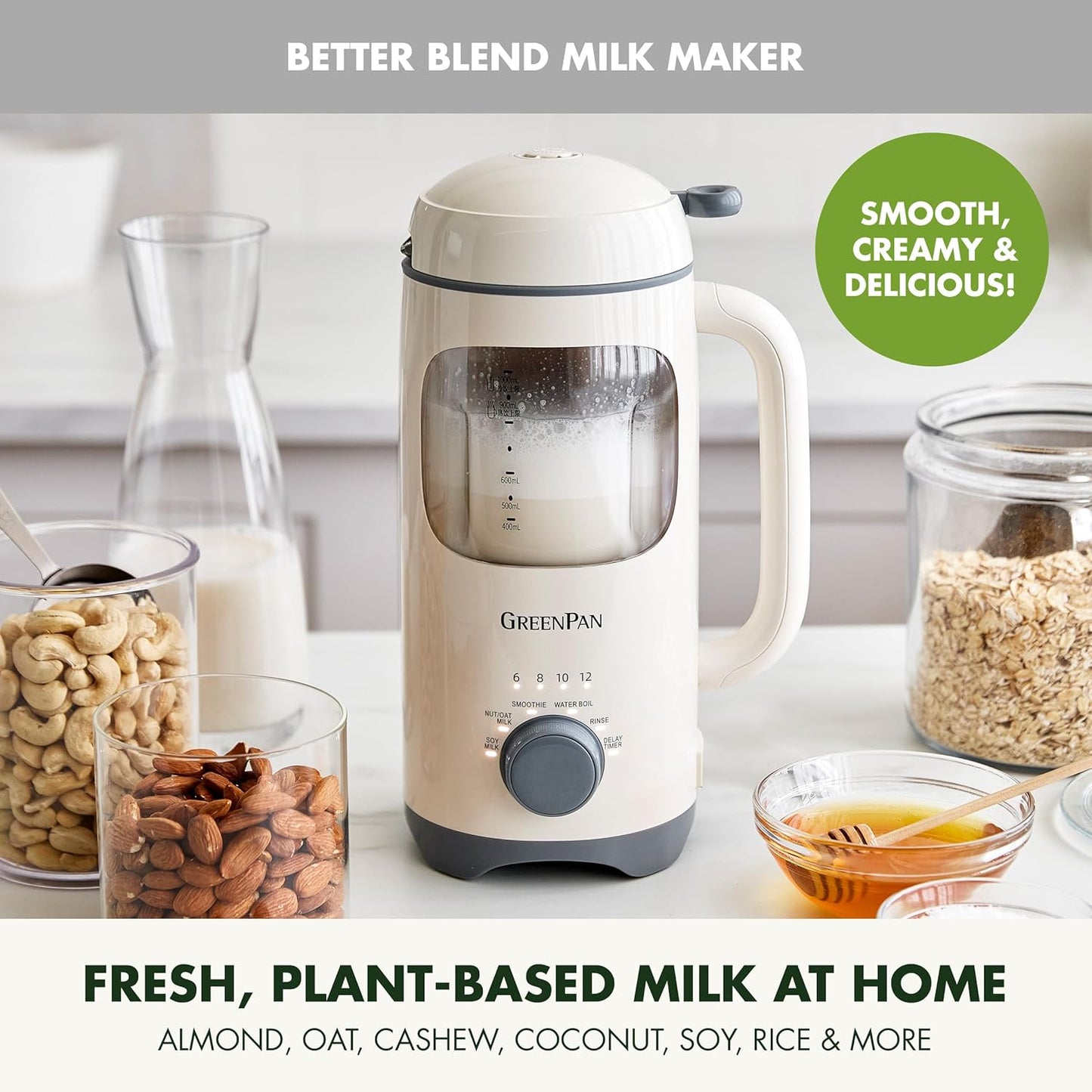 GreenPan 30oz Nut Milk Maker Machine, 15-in-1 for Homemade Almond, Oat, Soy, Coconut, Plant-Based Non-Dairy Beverages, Soups, BPA-Free Glass, Automatic Self-Clean, Delay Start, Pink