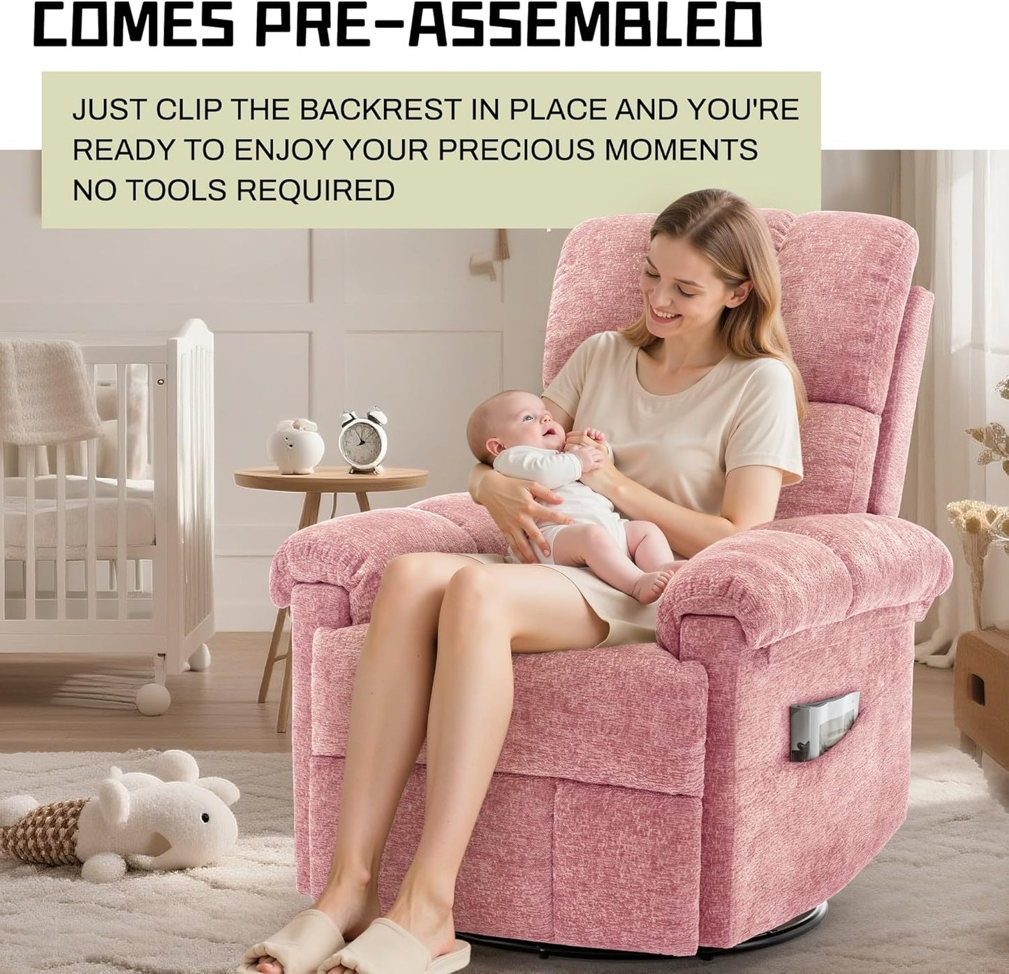 Korser Recliner Chair, Swivel Rocker Recliner Chair for Adults, Small Recliners for Small Spaces, Upholstered Manual Recliner with Side Pockets, Nursery Rocking Chair for Living Room, Chenille, Beige