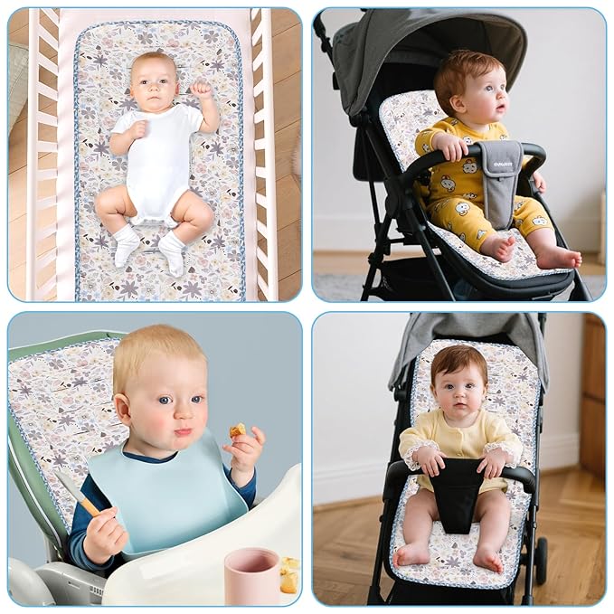Baby Stroller Cushion,Infant Car Seat Insert-Reversible Universal Breathable and Soft Newborn Stroller Mat,100% Cotton Cover Toddler Seat Pad Liner-34x78cm,1 Pack(Colorful Flowers+Blue Triangle)