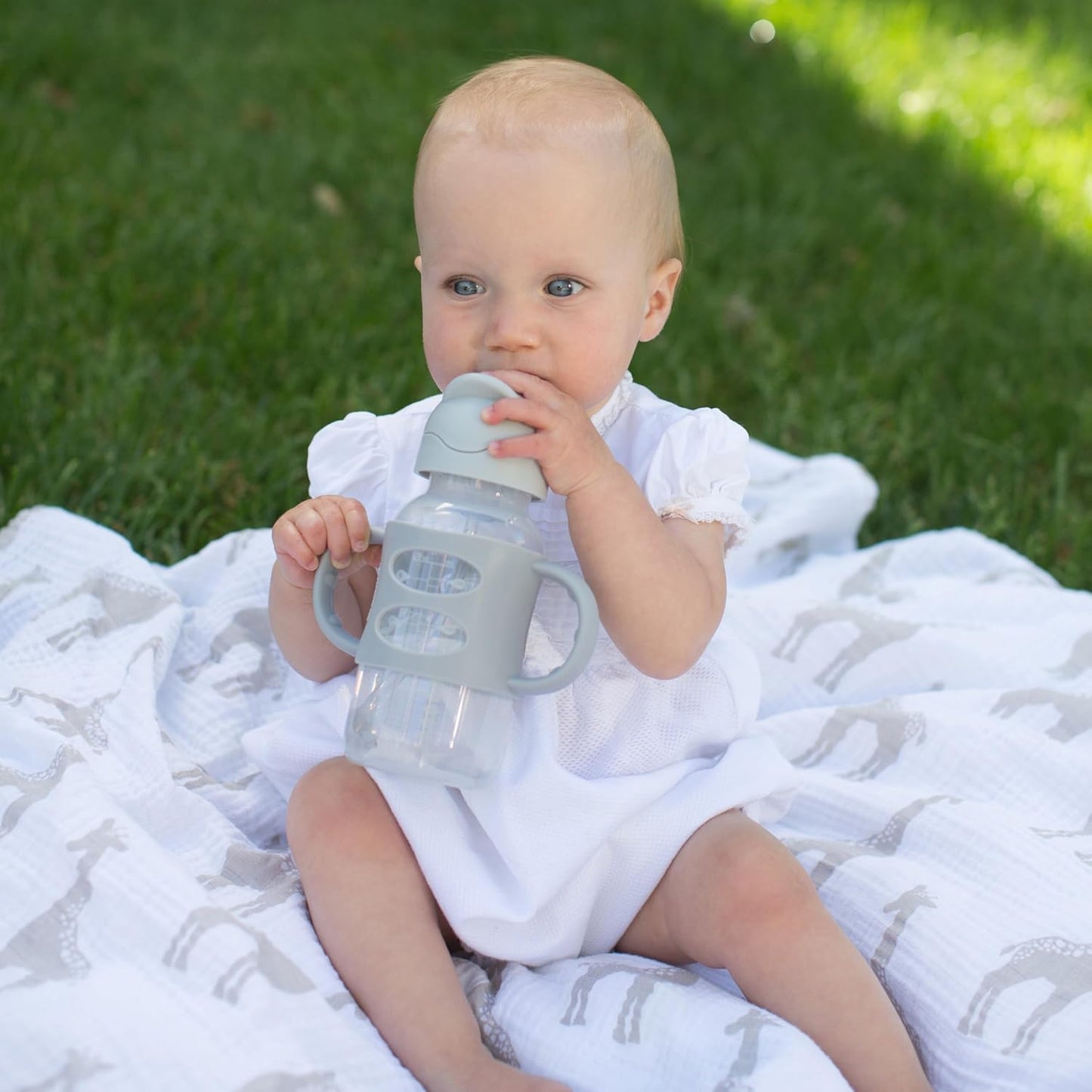 Dr. Brown's Milestones Wide-Neck Sippy Straw Bottle, Spill-Proof with 100% Silicone Handles and Weighted Straw, 9 oz/270 mL, Gray & Pink, 6m+, 2-Pack
