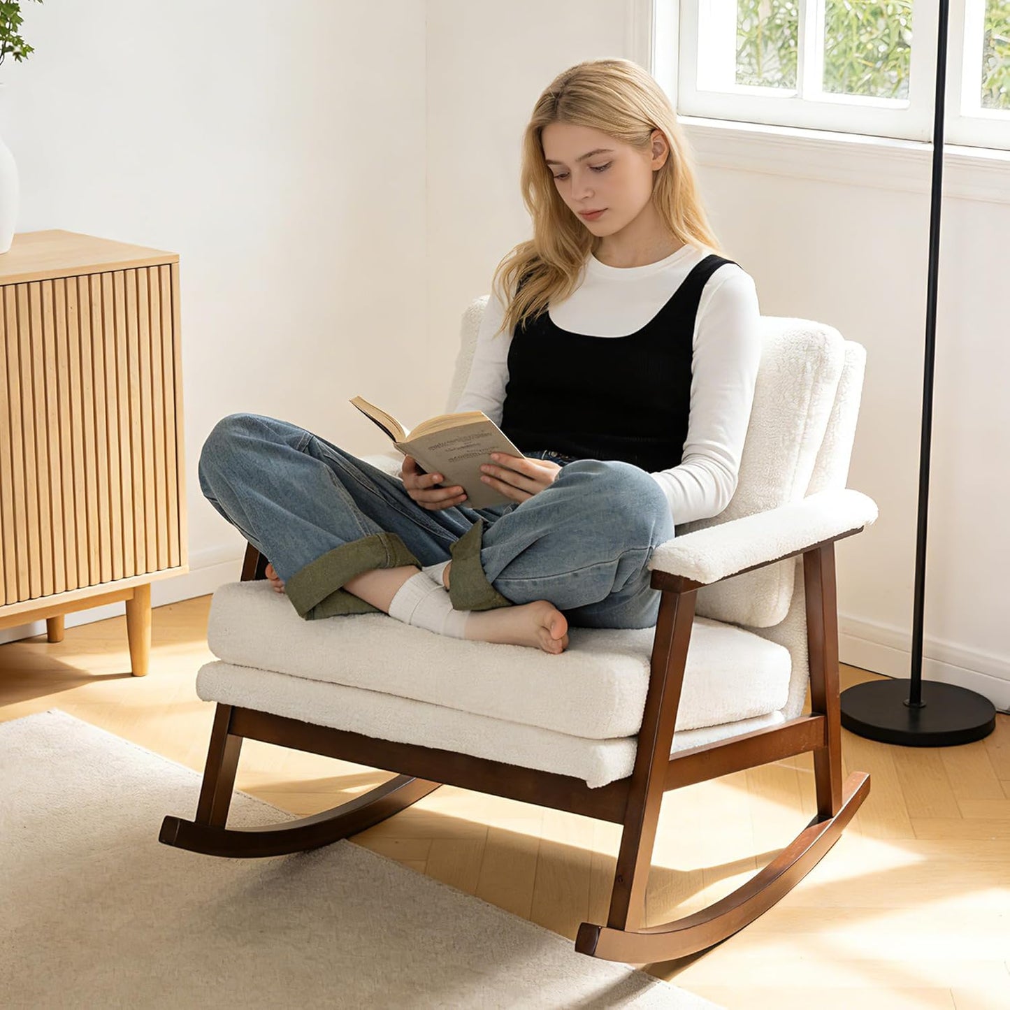 Rocking Accent Chair, Nursery Upholstered Glider Cozy Small Rocker Rocking Chair for Adult, Comfy Side Modern Arm Chair for Living Room/Bedroom/Offices/Balcony-White