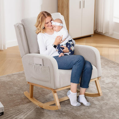 HCHAIRH Rocking Chair Nursery, Sherpa Nursing Rocking Chairs, Upholstered Nursery Glider Rocker for Mom Nursery Morden Accent Rocking Chair Pillow for Living Room,Bedroom,Teddy Light Grey