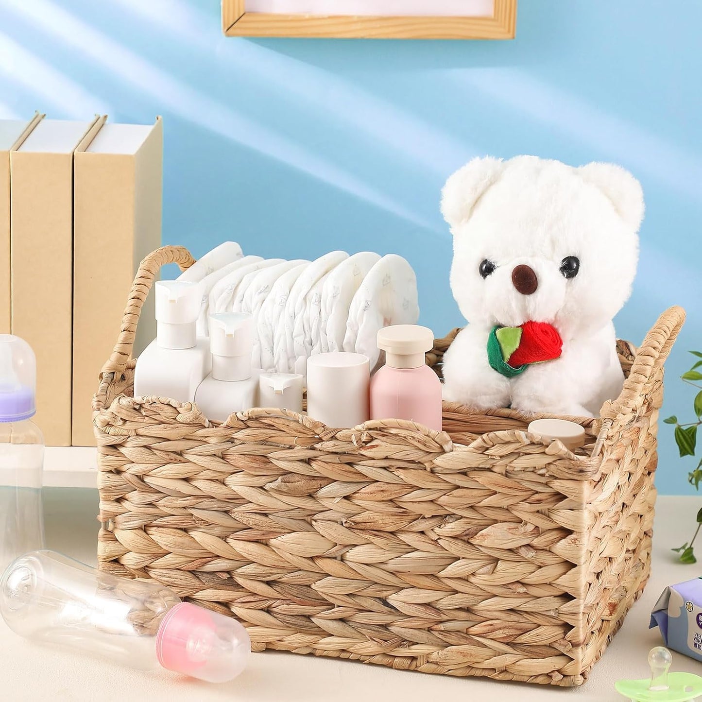 Chunful Wicker Diaper Caddy Organizer Scalloped Edge Rattan Basket with Dividers 9.5 x 13.5 x 7 Inch Woven Natural Basket Storage Organizer Handmade for Baby Shower Gifts Newborn Storage