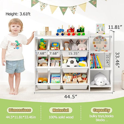 MallBest 4-Tier Kids' Toy Storage Organizer Shelf - 100% Solid Wood,Children's Storage Cabinet with 9 Plastic Bins and 3 Storage Ports(White-Single Color)