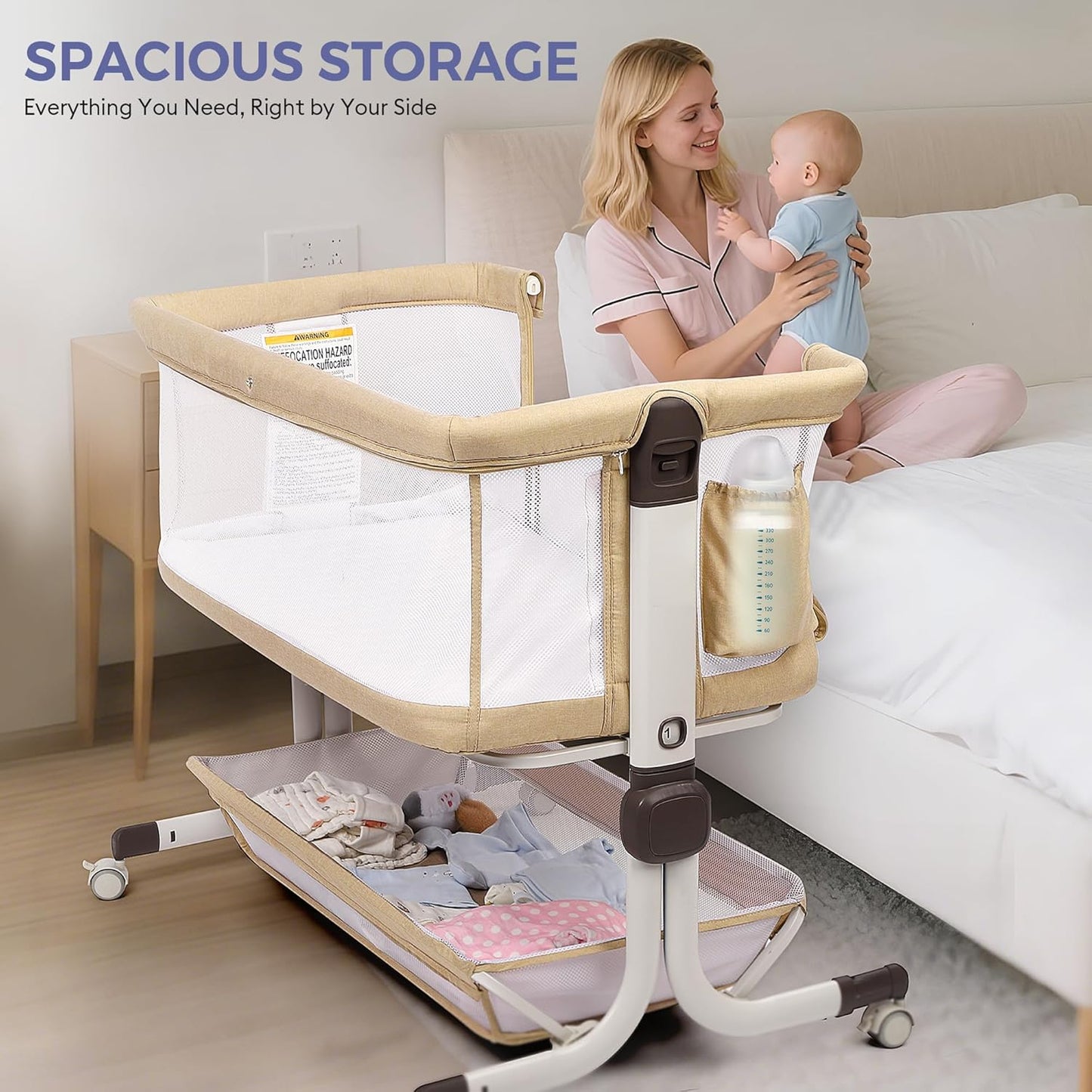 MOMFANN Baby Bassinet Bedside Sleeper, Upgraded Stability Bedside Crib with Full Mesh Sides, Soft Sheet, 6-Height Adjustment, Storage Basket, Easy Folding Portable Bassinet for Newborns, Gray