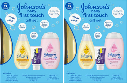 Johnson's First Touch Baby Essentials Gift Set with Body Wash & Shampoo, Body Lotion, & Zinc Oxide Diaper Rash Cream for Baby's Delicate Skin, Hypoallergenic, No Parabens or Dyes, 3 Items
