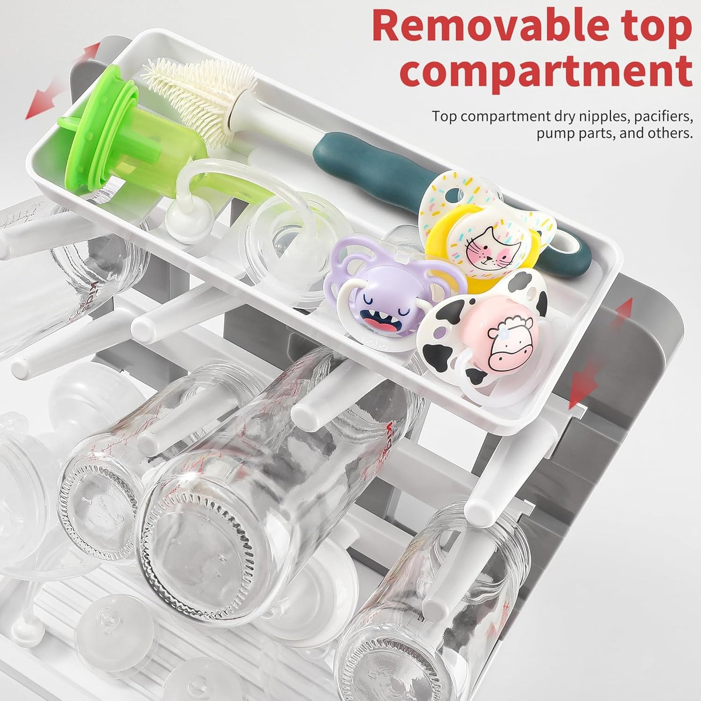 Baby Bottle Drying Rack, Vertical Standing Bottle Drying Rack Holder-Space Saving Baby Bottle Organizer for Countertop-Holds Up to 12 Baby Bottles & Pump Parts (White & Dark Gray)