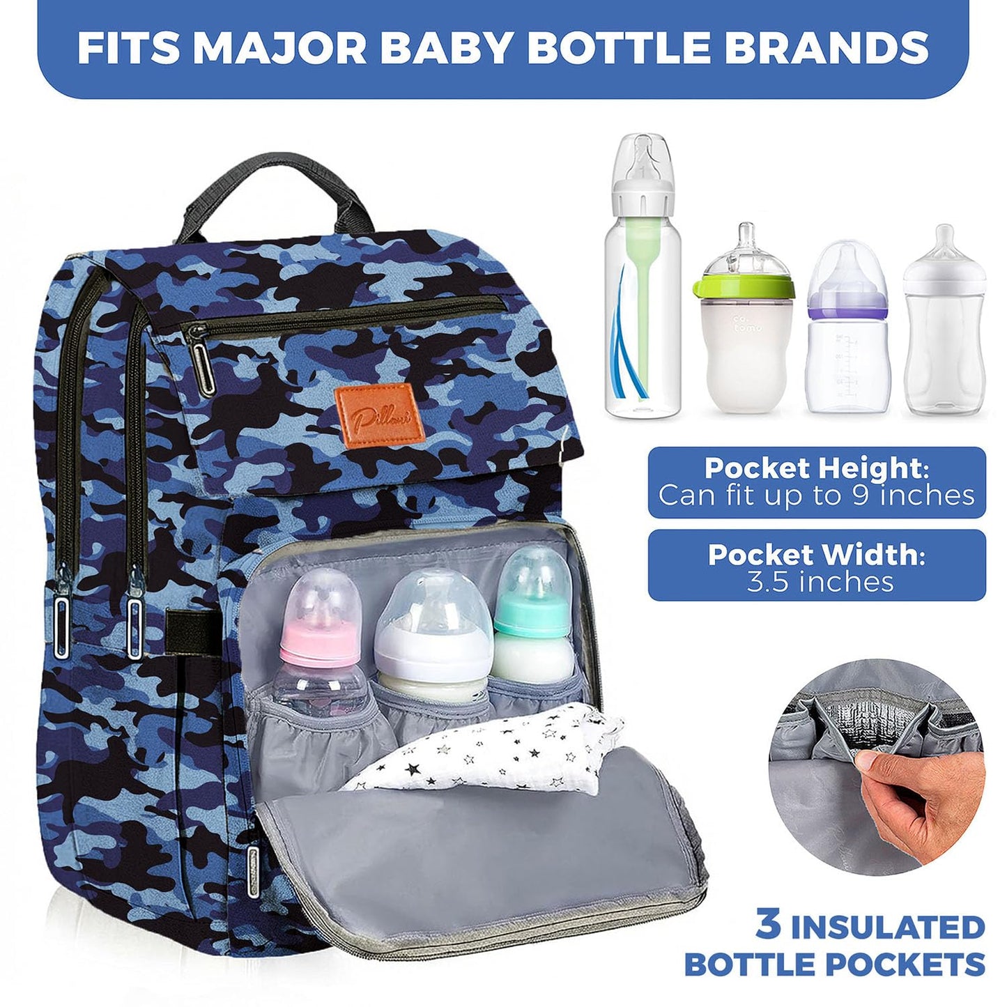PILLANI Baby Diaper Bag Backpack - Large Waterproof Travel Diaper Bag for Boys & Girls, 16 Organizer Pockets with Changing Pad, Insulated Bottle Pockets & Stroller Straps, Baby Shower Gifts, Dinosaur