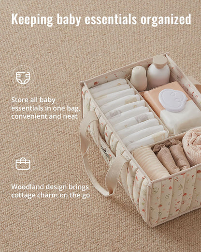 Blissful Diary Floral Diaper Caddy Organizer, Stylish Nursery Storage Basket, Gift for Baby Shower, Newborn Essentials, Floral Beige