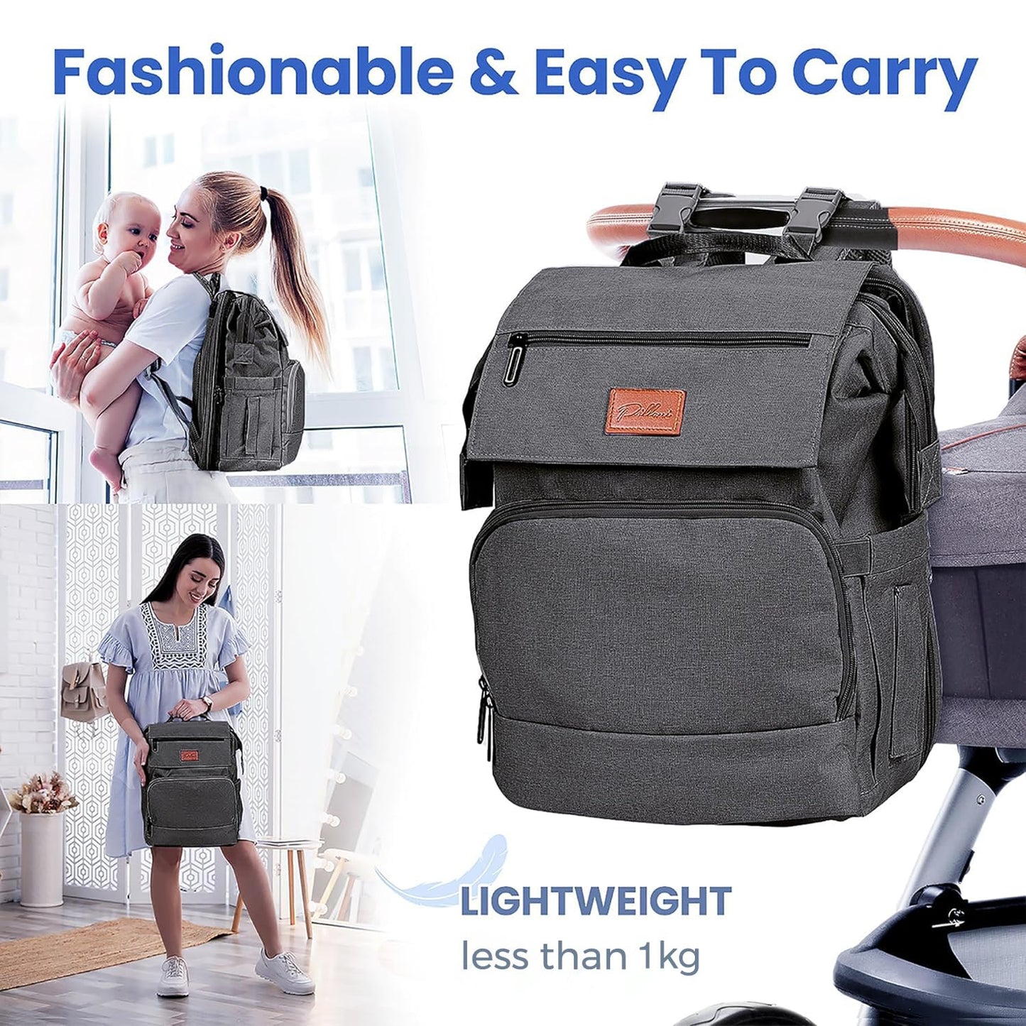 PILLANI Baby Diaper Bag Backpack - Large Waterproof Travel Diaper Bag for Boys & Girls, 16 Organizer Pockets with Changing Pad, Insulated Bottle Pockets & Stroller Straps, Baby Shower Gifts, Dinosaur