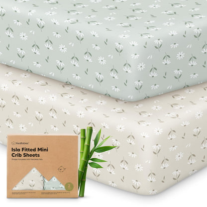 2-Pack Waterproof Pack and Play Sheets, Mini Crib Sheets Fitted for Boy, Girl - 38 x 26 Viscose from Bamboo Pack N Play Mattress Sheets for Graco, Toddler Playard Baby Crib Sheets Neutral (Blue Flax) - Colors A