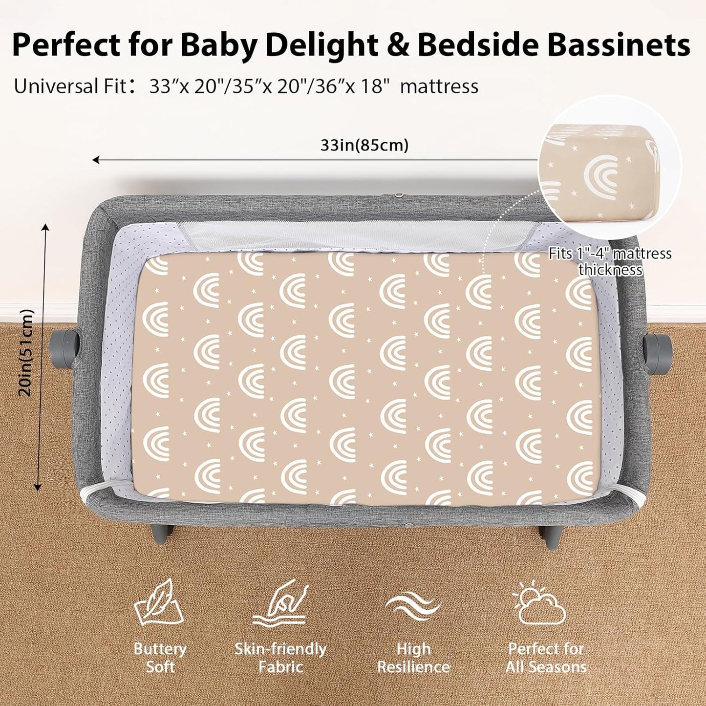 Baby Bedside Bassinet Sheets Girl, 33”x20” Compatible with Baby Delight Dream On Me & Most Rectangle Bedside Sleeper Bassinet Mattress, Super Soft Microfiber Pink Butterfly Flower