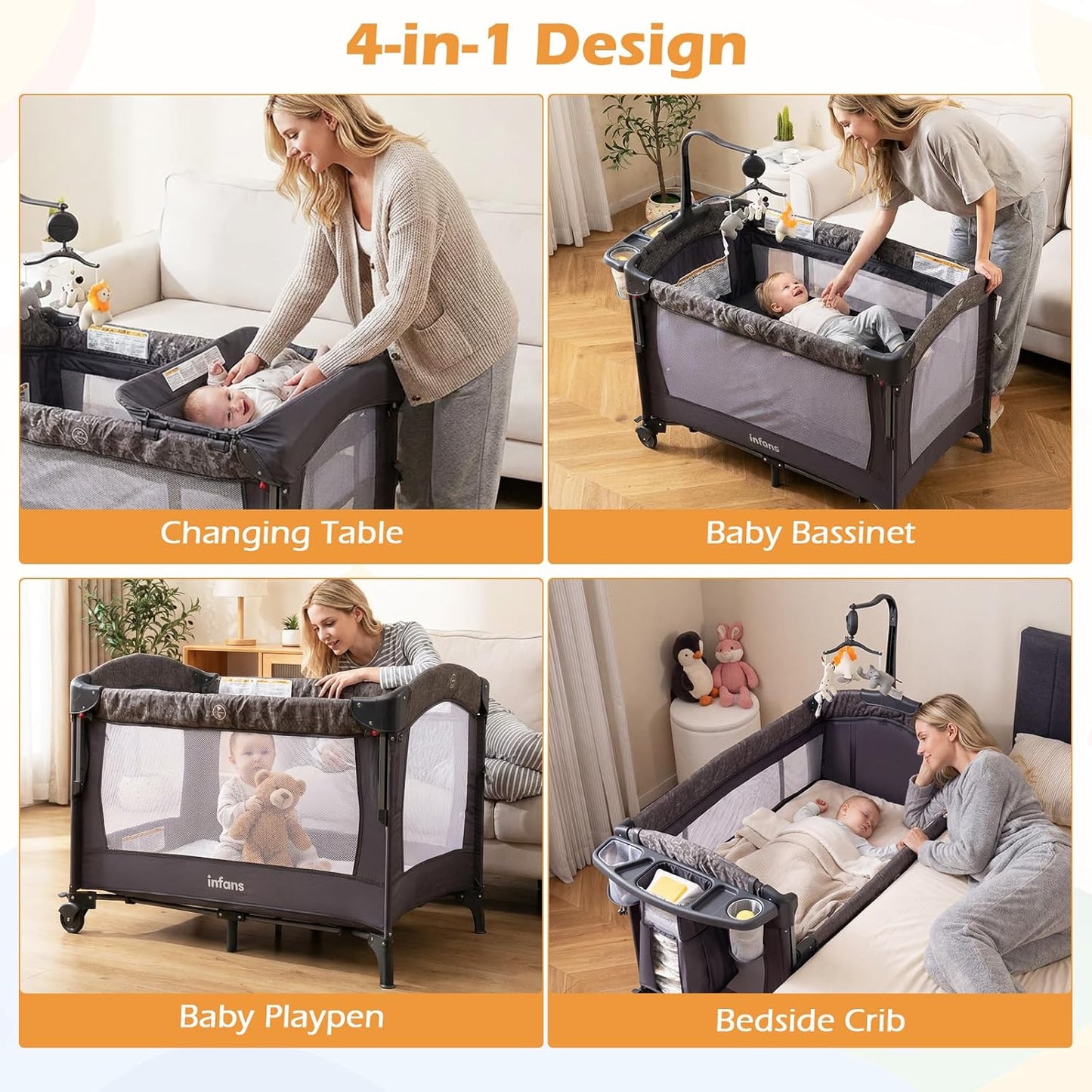 INFANS 4 in 1 Baby Bassinet, Converts Pack and Play to Portable Bedside Crib Sleeper with Diaper Changer, Mattress, Carry Bag, Music Box, Hanging Toys for Infants Toddlers (Black)