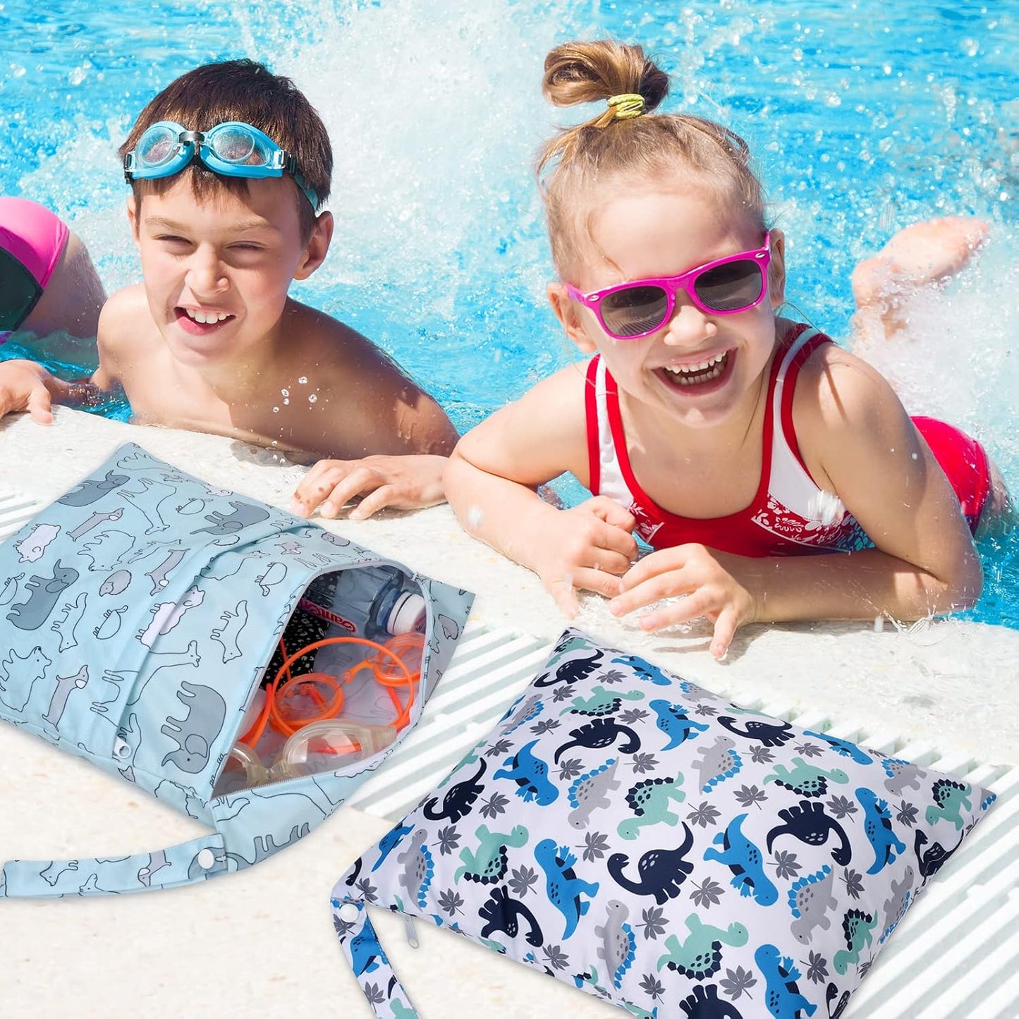 Wet Dry Bags 2-Pack with Cute Dolphin Print - Waterproof Travel Organizer for Swimming Pool Beach Gym Baby Cloth Diapers Swimwear with Dual Zippers