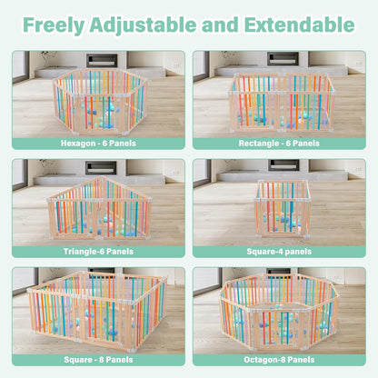 Foldable Wooden Playpen-51x51x25in-Large Baby Gate Playpen with Child-Proof Lock-Easy Assembly, Portable Design for Babies & Toddlers- Shape& Size Adjustable Baby Fence Play Area (Wood, 6 Panel)