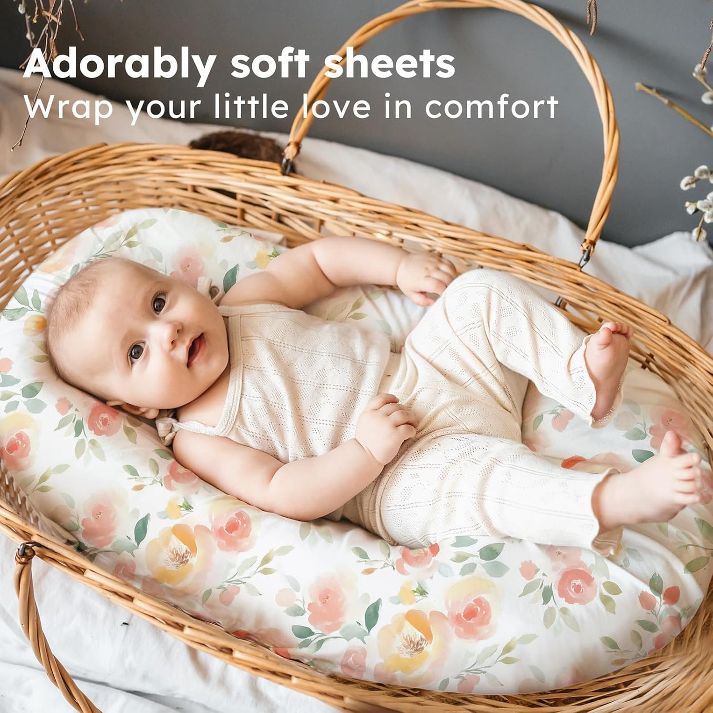 Baby Bedside Bassinet Sheets Girl, 33”x20” Compatible with Baby Delight Dream On Me & Most Rectangle Bedside Sleeper Bassinet Mattress, Super Soft Microfiber Pink Butterfly Flower