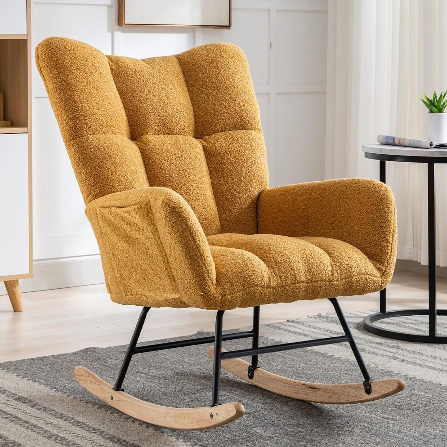 Nursery Rocking Chair Teddy Upholstered Glider Rocker Rocker Accent Chair with High Backrest Armchair Comfy Side Pocket Modern Rocking Accent Chairs for Living Room, Nursery, Office-Green