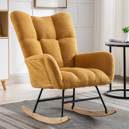 Nursery Rocking Chair Teddy Upholstered Glider Rocker Rocker Accent Chair with High Backrest Armchair Comfy Side Pocket Modern Rocking Accent Chairs for Living Room, Nursery, Office-Green