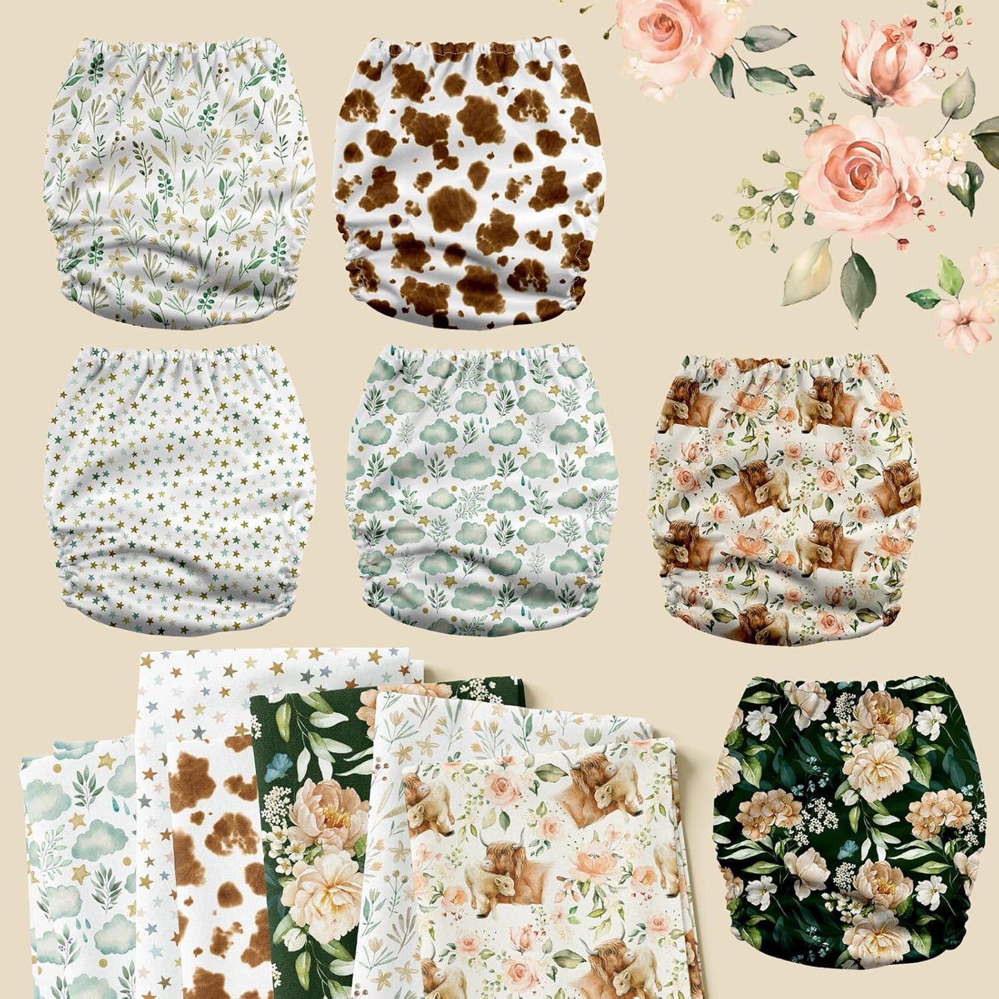 Mama Koala 3.0 Pocket Cloth Diapers for Babies with AWJ Lining, 6 Pack with 6 4-Layer Natural Cloth Diaper Inserts - Reusable and Washable Pocket Diapers(Hardworking Bees) - Colors B