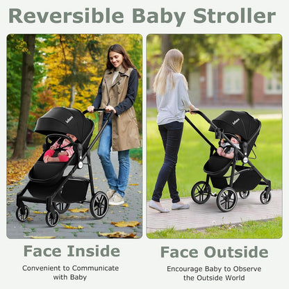 INFANS 2 in 1 Baby Stroller, High Landscape Infant Stroller & Reversible Bassinet Pram, Foldable Pushchair with Adjustable Canopy, Storage Basket, Cup Holder, Suspension Wheels (Black)