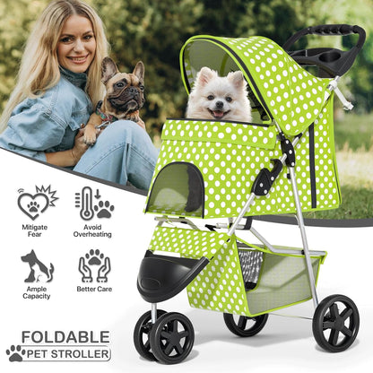 MoNiBloom Foldable Pet Stroller with Weather Cover, 3 Wheels Pet Strolling Cart for Small/Medium Dogs and Cats with Storage Basket and Cup Holder, Breathable and Visible Mesh for All-Season, Black