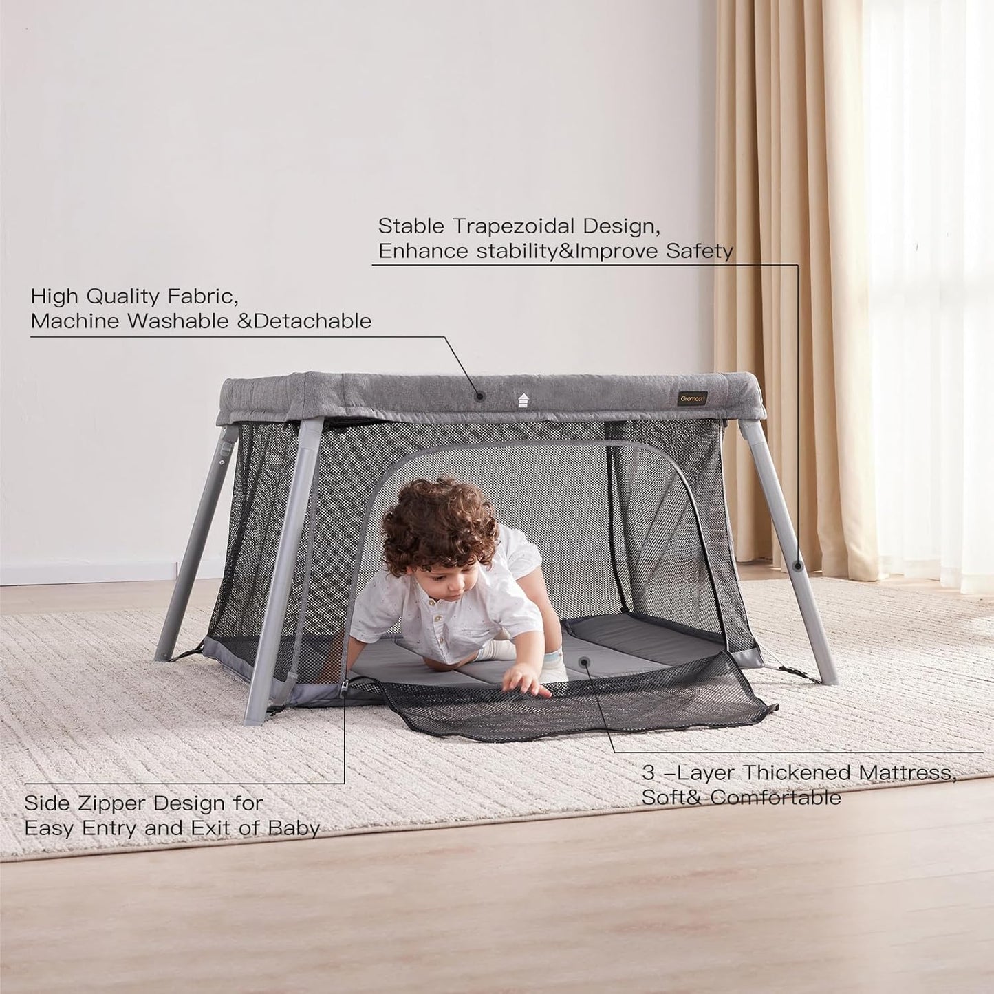 Gromast 2 in 1 Portable Travel Crib for Toddler, Foldable Crib for Baby, Lightweight Playpen Collapsible Playard with Soft Mattress, Easy to Carry Baby Travel Bed for Outdoor, Indoor (Grey)