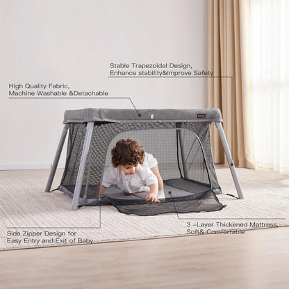 Gromast 2 in 1 Portable Travel Crib for Toddler, Foldable Crib for Baby, Lightweight Playpen Collapsible Playard with Soft Mattress, Easy to Carry Baby Travel Bed for Outdoor, Indoor (Grey)