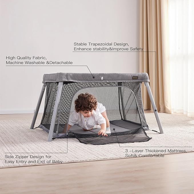 Gromast 2 in 1 Portable Travel Crib for Toddler, Foldable Crib for Baby, Lightweight Playpen Collapsible Playard with Soft Mattress, Easy to Carry Baby Travel Bed for Outdoor, Indoor (Grey)