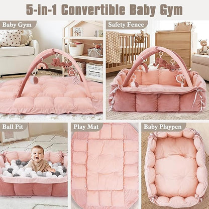 5-in-1 Plush Baby Play Gym, Baby Play Mats, Convertible Baby Gym, Tummy time mat, 6 Sensory Toys, Activity Center, Ball Pit, Pink