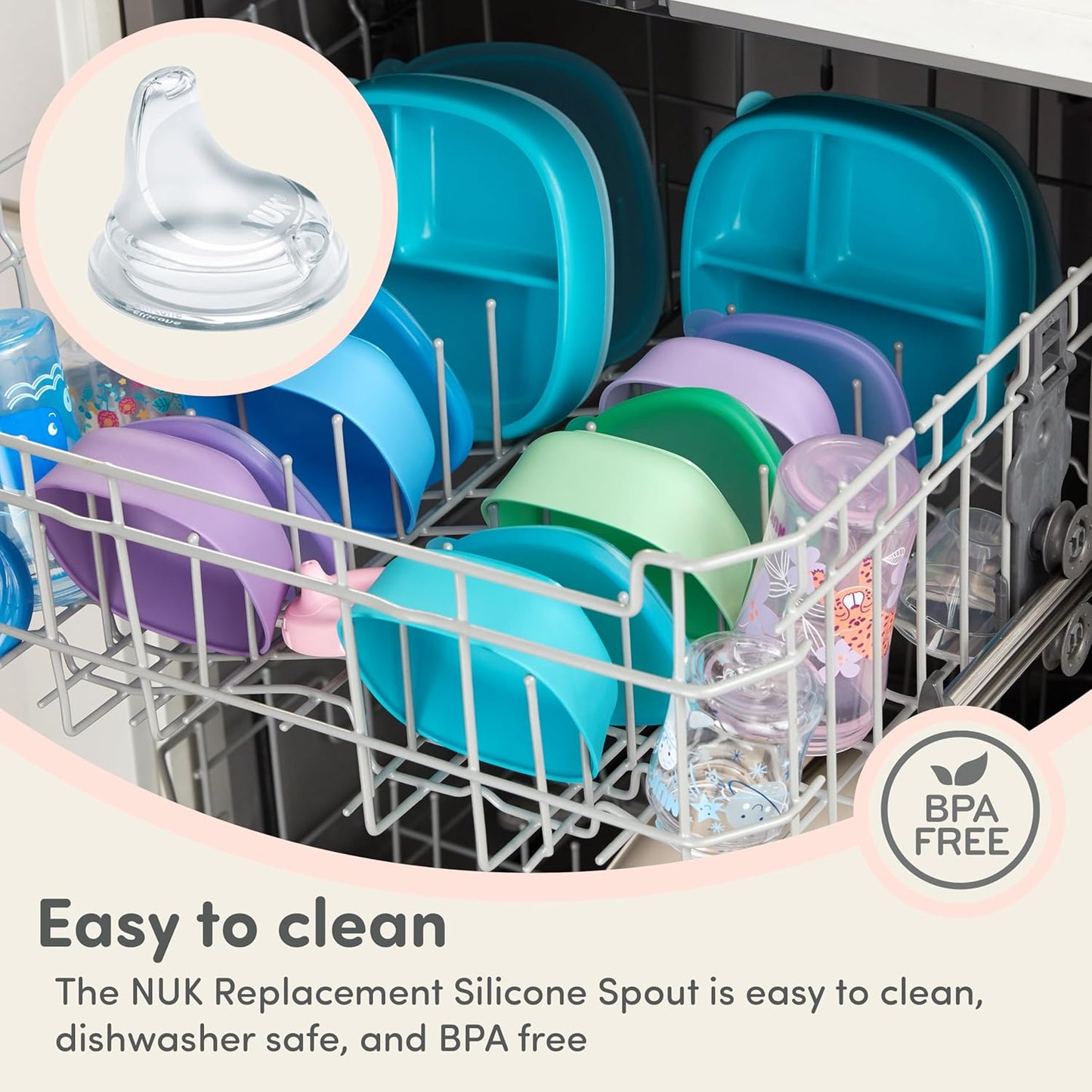 NUK Replacement Silicone Spout for Select NUK Cups, Spill-Proof, Soft Spout, Dishwasher-Safe, BPA-Free, Clear, Pack of 3