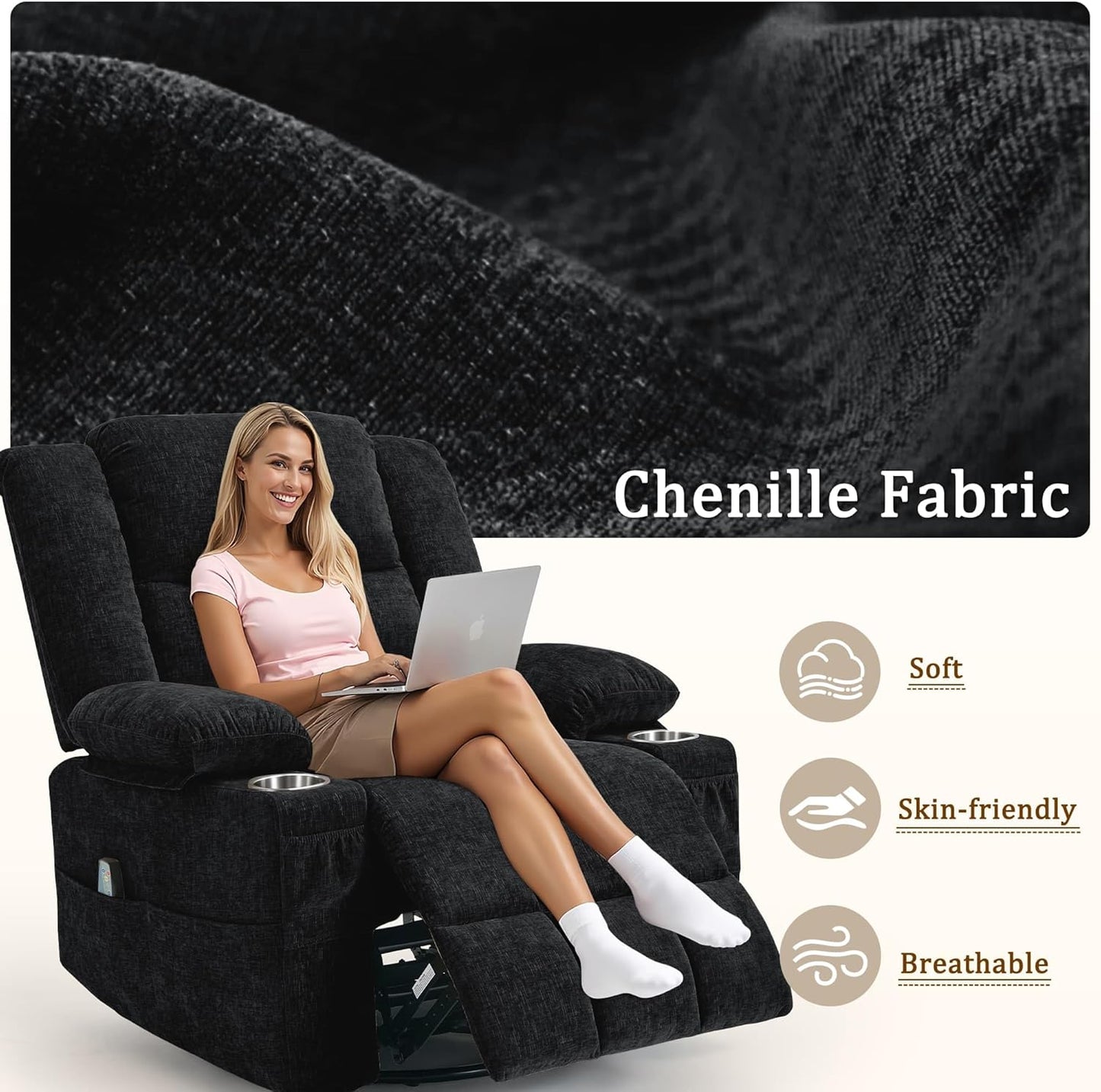 Korser 360° Swivel Rocker Recliner for Adults, Nursery Glider Recliner with Massage and Heating, Rocking Chair with Cup Holder, Manual Recliner Chair for Living Room, Bedroom (Fabric, Beige)