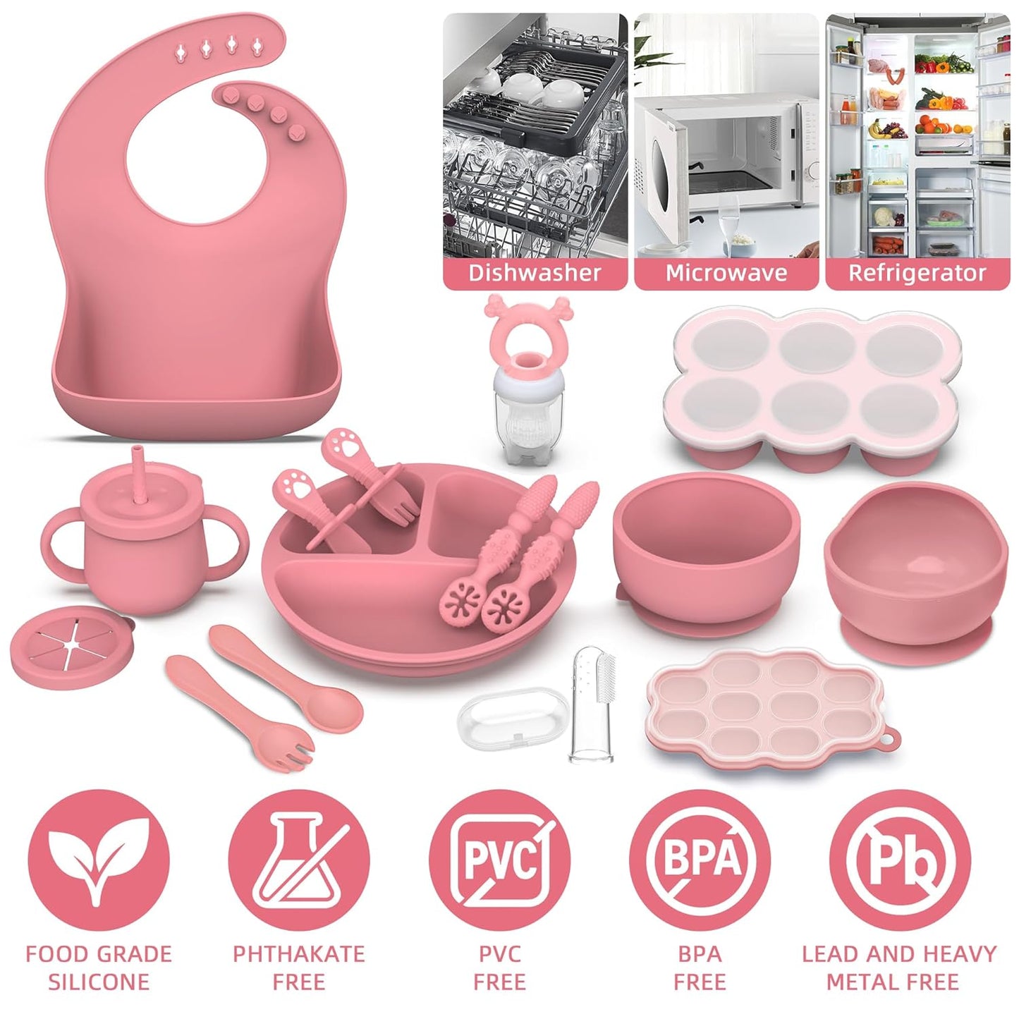 16 Pack Silicone Baby Feeding Set, BPA-Free Baby LED Weaning Supplies, Include Suction Plates, Baby Bowls, Silicone Fork & Spoon, and More, First Stage Baby Food Eating Utensils - 6+ Months(Blue, 16)