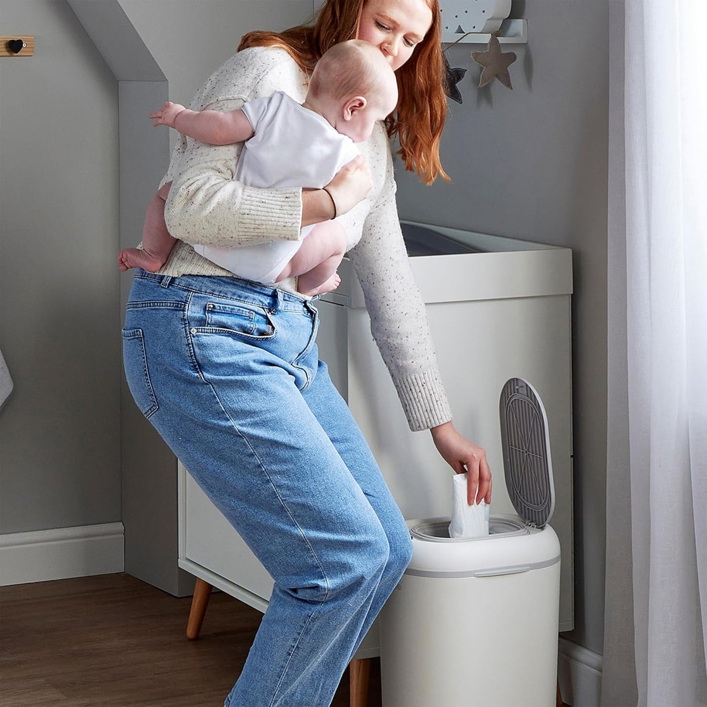 Eco-Touch Diaper Pail + Squishy Changing Mat | Odor-Lock, No Costly Refills, Biodegradable Bags, Recyclable Bin, White 10L Nappy Bin for Any Diaper Type