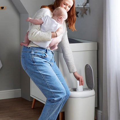 Eco-Touch Diaper Pail + Squishy Changing Mat | Odor-Lock, No Costly Refills, Biodegradable Bags, Recyclable Bin, White 10L Nappy Bin for Any Diaper Type