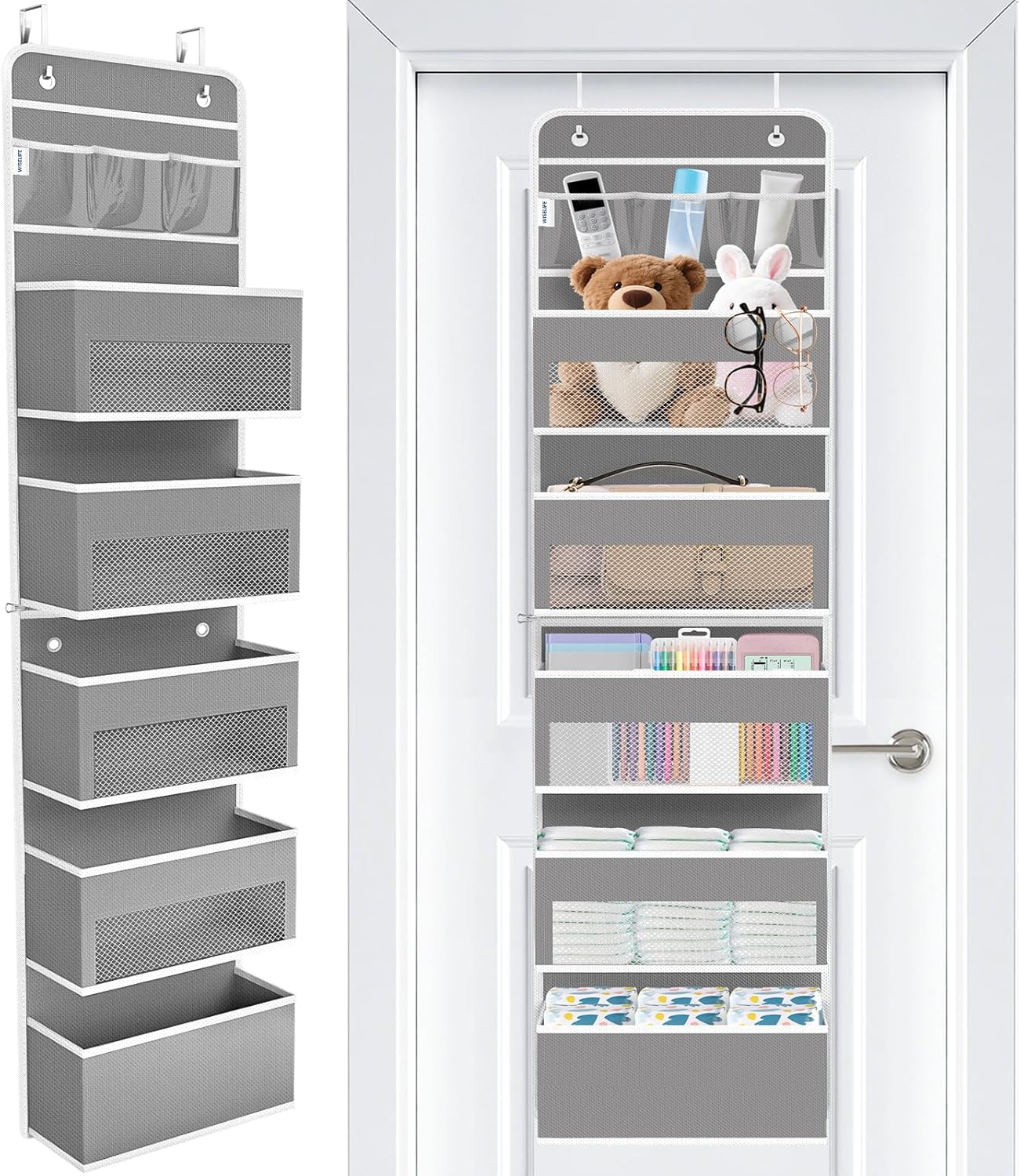 WISELIFE Over The Door Organizer Storage 4 Shelves Large Capacity Hanging Bedroom Storage Solution with 6 Side Pockets for Dorm Bathroom Pantry Nursery and Baby Essentials Holds up to 40 Lbs (Black)